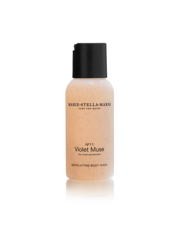 Marie-Stella-Maris No. 11 Violet Muse exfoliating body wash in a 75 ml travel-size bottle, featuring notes of iris, musk and almond.