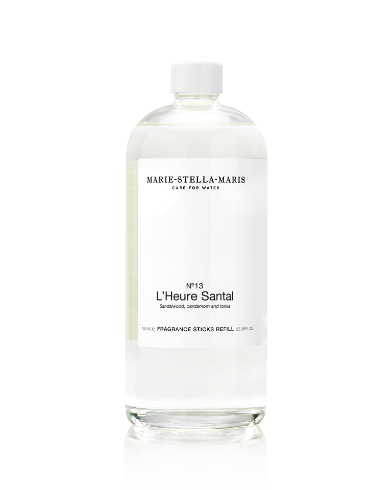 Marie-Stella-Maris No.13 L'Heure Santal Fragrance Sticks Refill (750 ml) in a clear glass bottle with a white cap. The minimalist label features the No.13 L'Heure Santal fragrance with notes of sandalwood, cardamom and tonka.