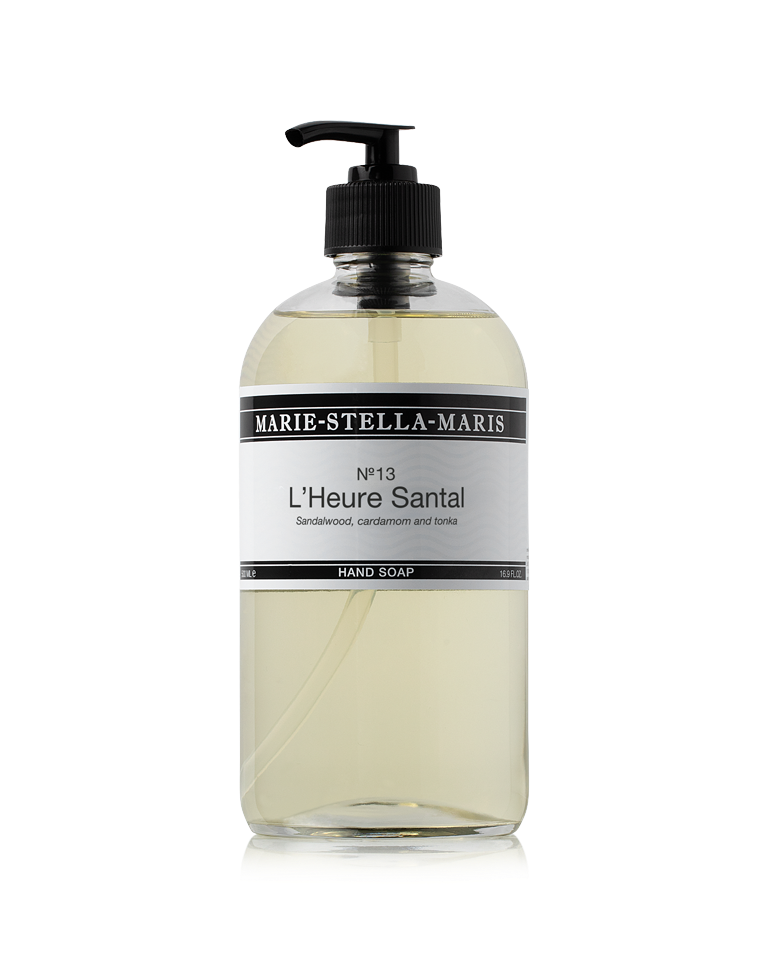 Marie-Stella-Maris No.13 L'Heure Santal Hand Soap (500 ml) in a clear pump bottle with black dispenser. The label features the No.13 L'Heure Santal fragrance with notes of sandalwood, cardamom and tonka, shown on a white background.