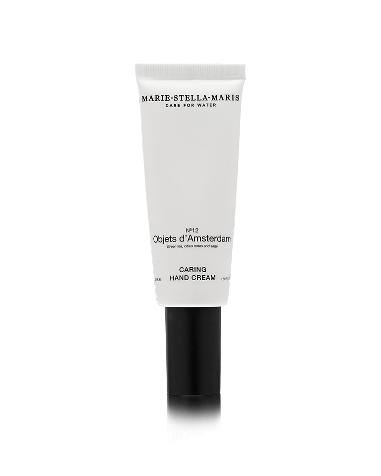 Marie-Stella-Maris Caring Hand Cream No.12 Objets d’Amsterdam 50 ml in a white tube with black cap on a white background.