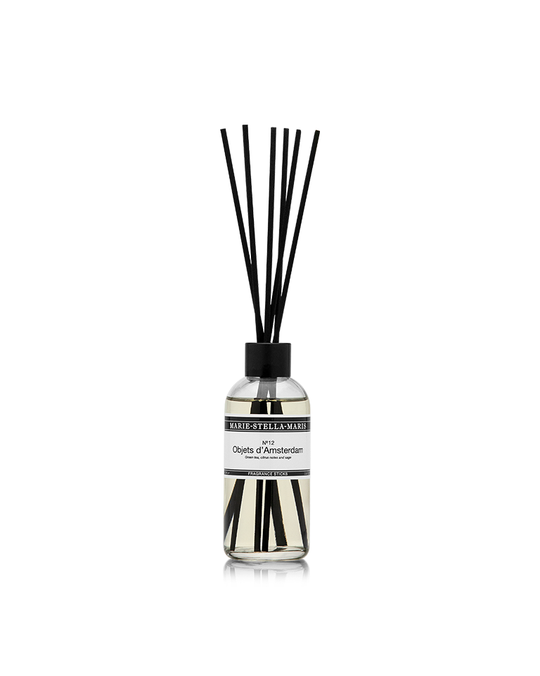 Marie-Stella-Maris No.12 Objets d'Amsterdam luxury diffuser sticks 100 ml in a clear glass bottle with black reeds, scent of green tea, citrus, and sage fragrance.