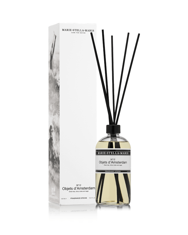 Marie-Stella-Maris luxury fragrance diffuser sticks No.12 Objets d'Amsterdam 500 ml with green tea, citrus, and sage scent in clear bottle and elegant packaging.