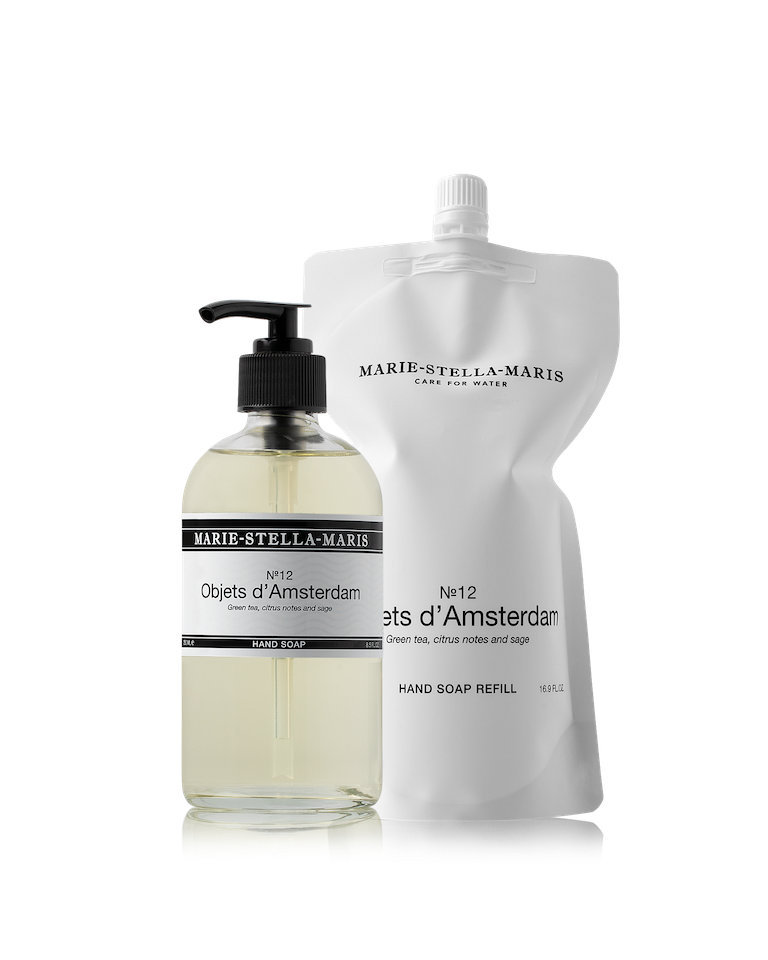 Marie-Stella-Maris No.12 Objets d'Amsterdam hand soap 250 ml with refill pouch on a light background.