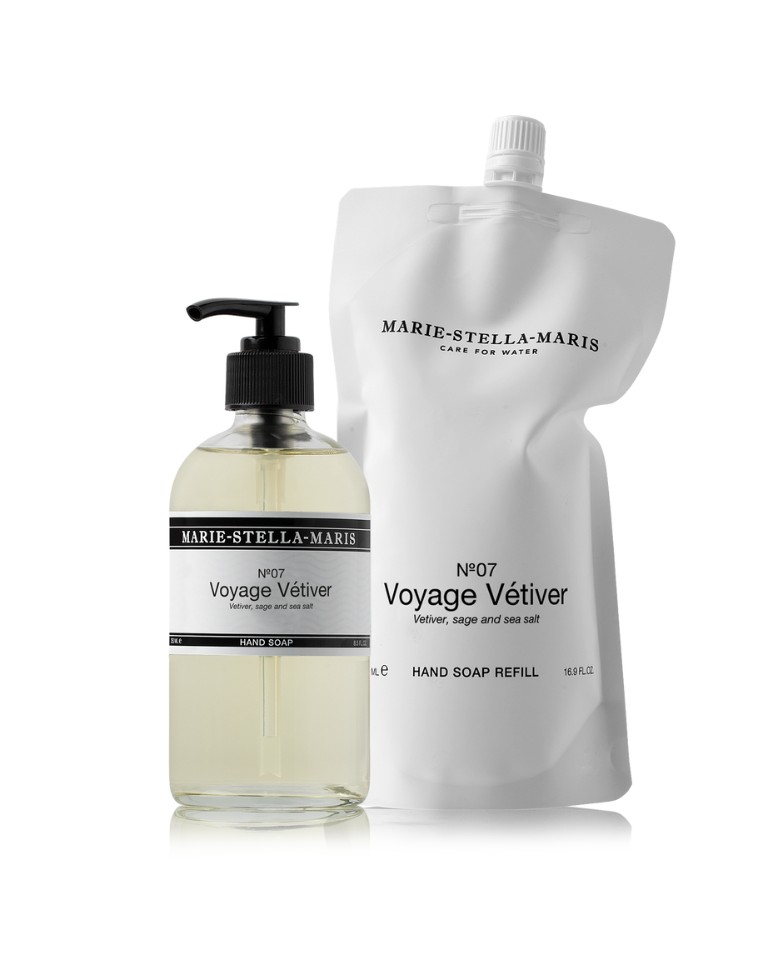 Marie-Stella-Maris No.07 Voyage Vétiver hand soap 250 ml with refill pouch on a light background.
