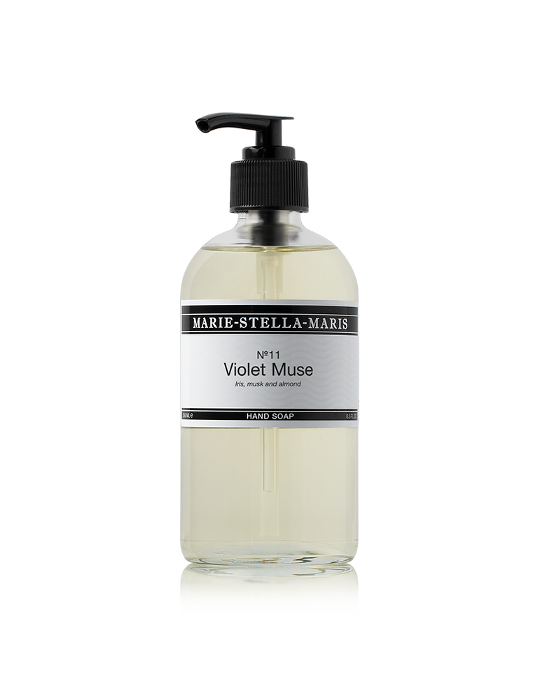 Marie-Stella-Maris Hand Soap No.11 Violet Muse 250 ml in a transparent bottle with a black pump, featuring a refined label and notes of iris, musk and almond.