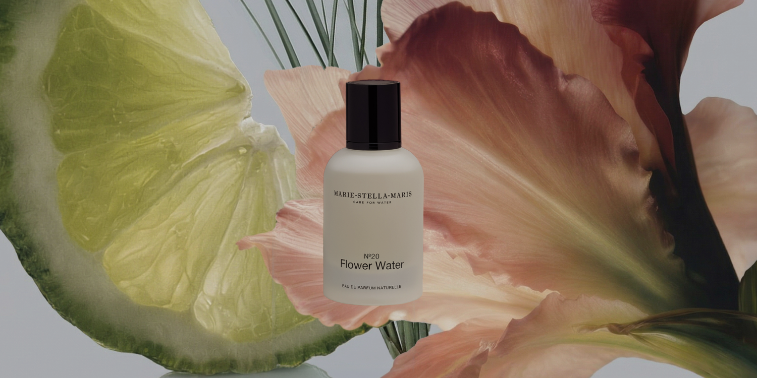 Marie-Stella-Maris flower water perfume with light blue background and scent notes.