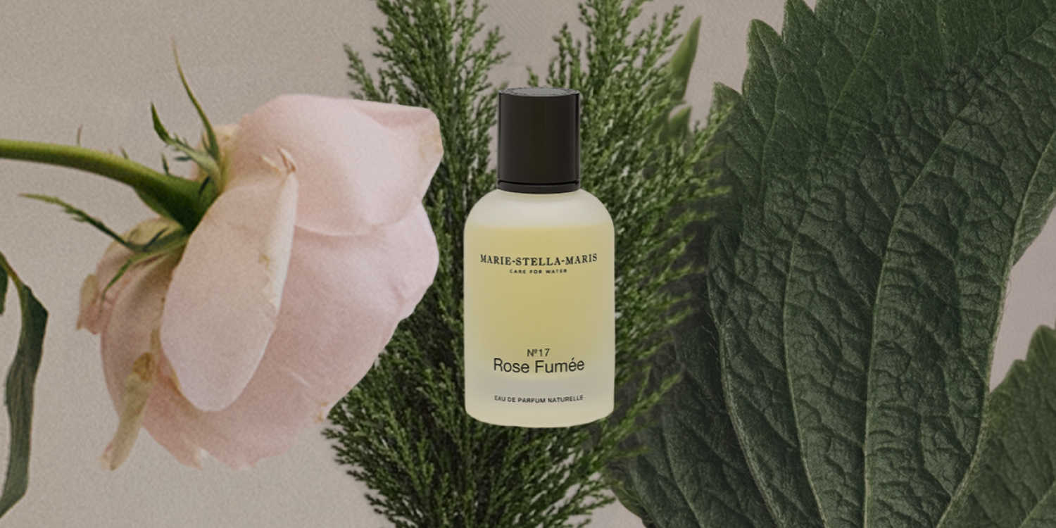 Marie-Stella-Maris rose fumée perfume with beige background and scent notes.