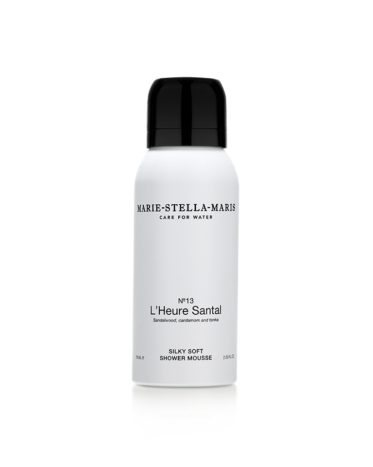 Marie-Stella-Maris No.13 L'Heure Santal Silky Soft Shower Mousse (75 ml) in a white aerosol can with a black cap. The minimalist packaging features the No.13 L'Heure Santal fragrance with notes of sandalwood, cardamom and tonka.
