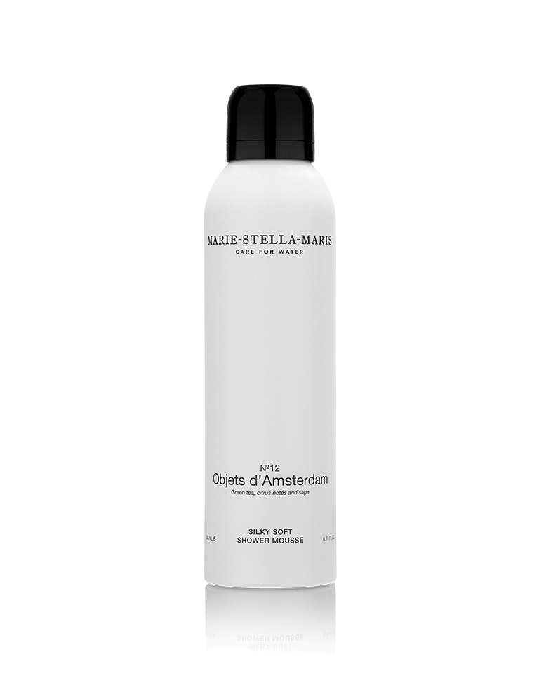 Marie-Stella-Maris Silky Soft Shower Mousse No.12 Objets d’Amsterdam 200 ml in a white bottle with black cap on a white background.