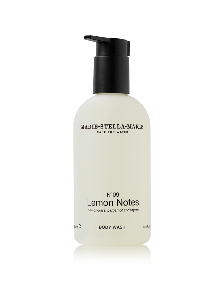 300ml bottle of Marie-Stella-Maris Lemon Notes body wash with lemongrass, bergamot, and thyme scent and hydrating formula.