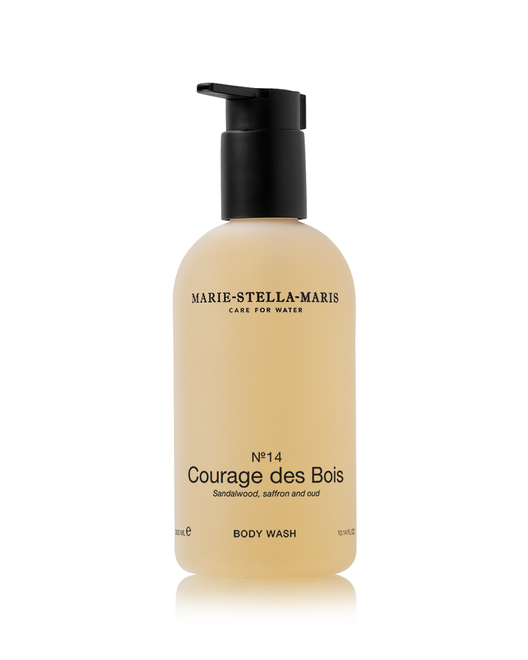 Marie-Stella-Maris Courage des Bois body wash 300ml with sandalwood, saffron, and oud fragrance for natural cleansing.