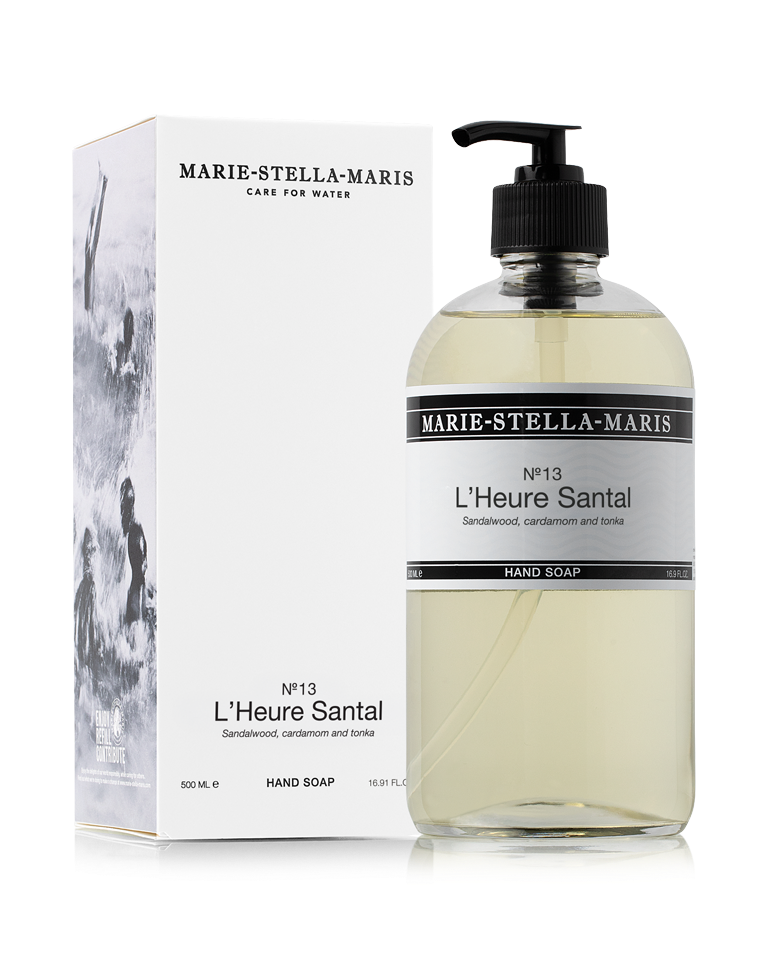 Marie-Stella-Maris No.13 L'Heure Santal Hand Soap (500 ml) in a clear pump bottle displayed alongside its white product box. The packaging features the No.13 L'Heure Santal fragrance with notes of sandalwood, cardamom and tonka in the brand's signature minimalist design.