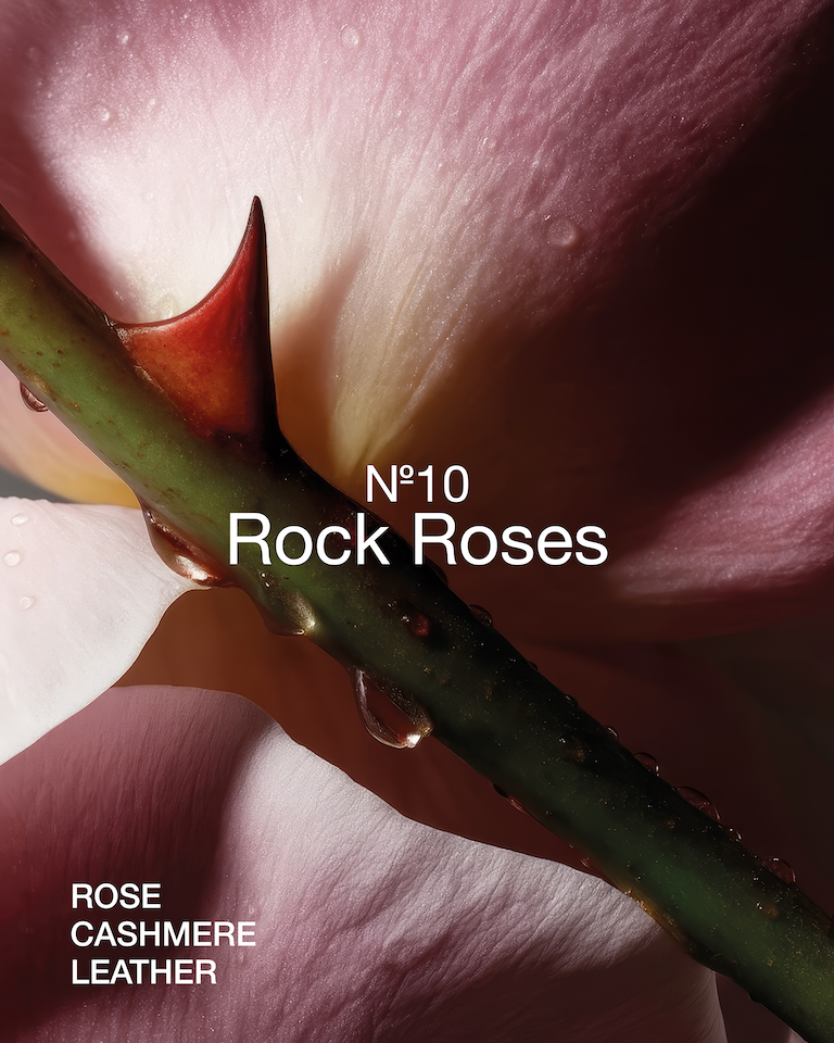 Macro photograph of pink rose petals and a thorny stem covered in water droplets, representing Marie-Stella-Maris No. 10 Rock Roses with notes of rose, cashmere and leather.