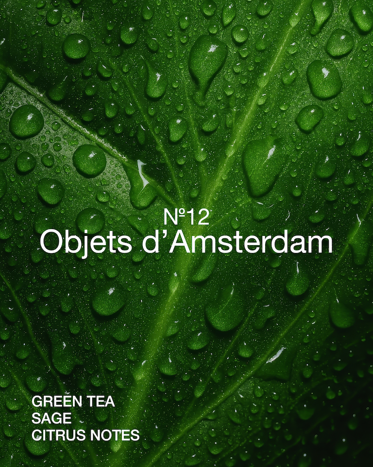 Marie-Stella-Maris No.12 Objets d’Amsterdam fragrance visual featuring a close-up green leaf covered in water droplets, with notes of green tea, sage and citrus notes.