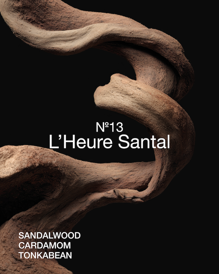 Sculptural sandalwood branches against a black background, representing Marie-Stella-Maris No. 13 L’Heure Santal with notes of sandalwood, cardamom and tonka bean.