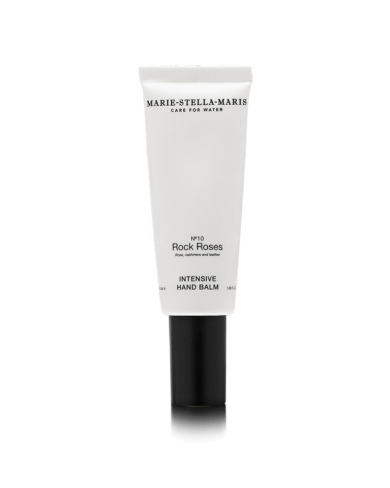Marie-Stella-Maris Intensive Hand Balm No.10 Rock Roses 50 ml in a sleek white tube with a black cap, featuring minimalist branding and notes of rose, cashmere and leather.