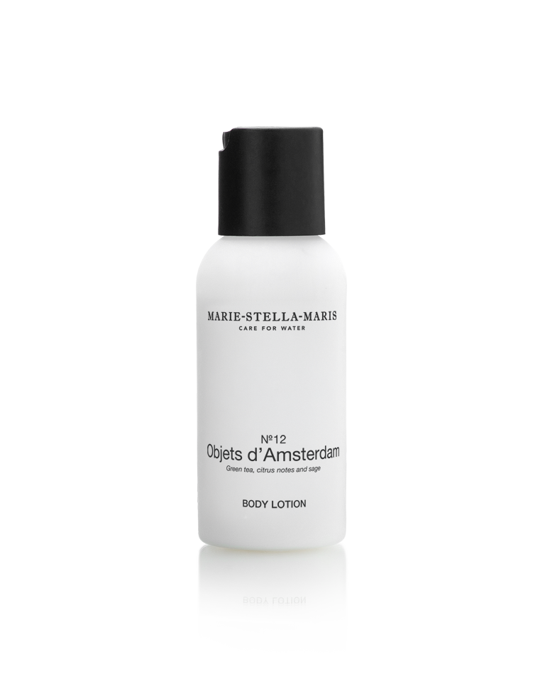 Marie-Stella-Maris No. 12 Objets d’Amsterdam body lotion in a white bottle with a black cap, featuring notes of green tea, citrus and sage.