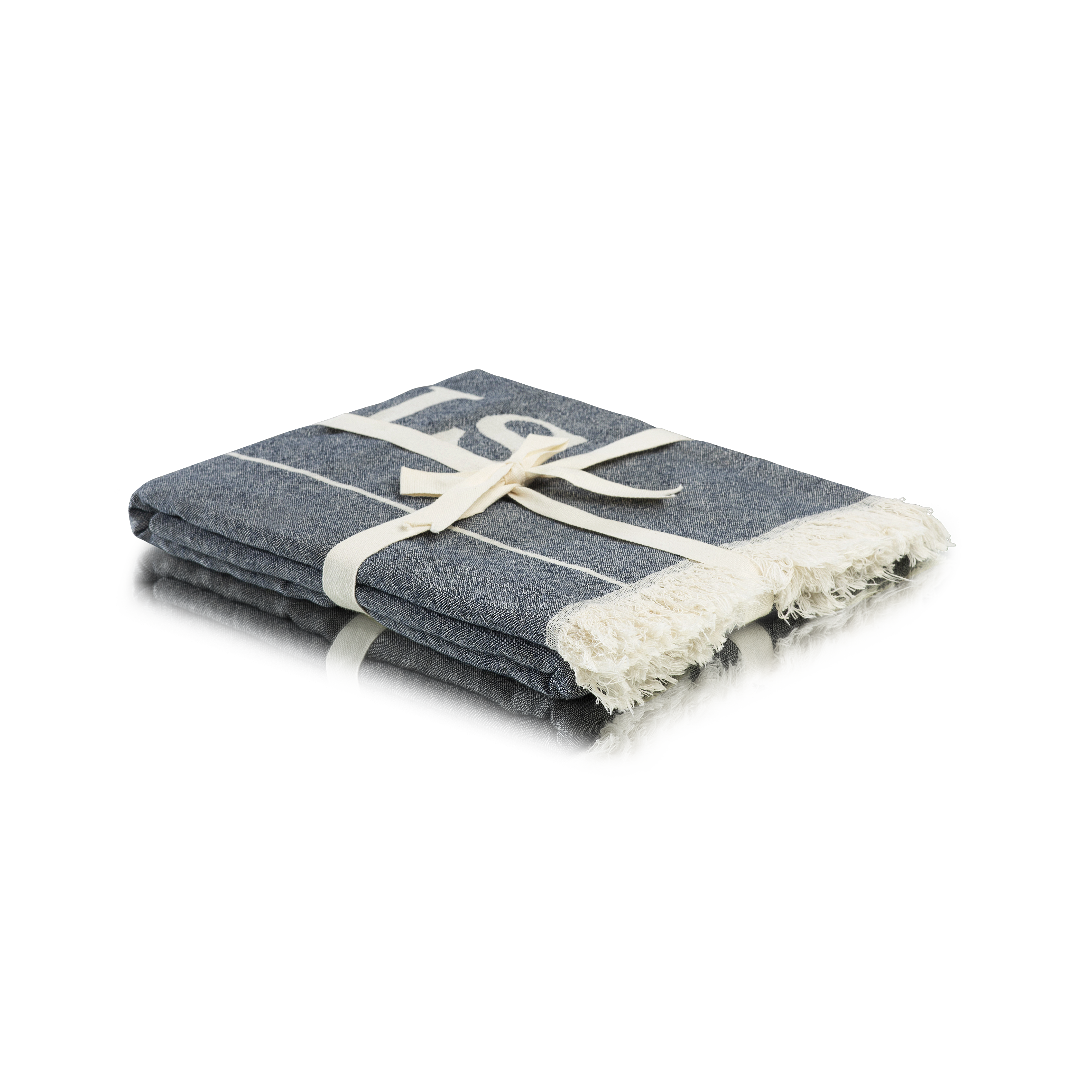 Marie-Stella-Maris limited edition summer 2026 towel, neatly folded with white stripe detailing and fringe edges, tied with a ribbon and shown as a clean product packshot.