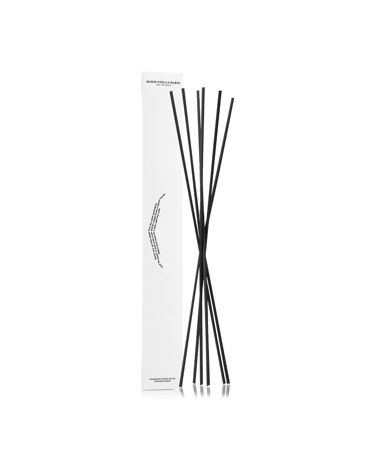 Marie-Stella-Maris Diffuser Reeds 500 ml with black reeds displayed alongside a minimalist white packaging box against a clean light background.