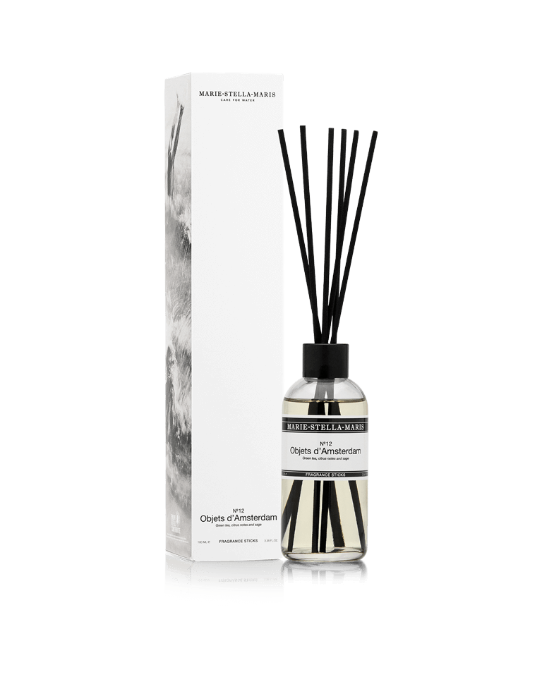 Marie-Stella-Maris luxury fragrance diffuser sticks No.12 Objets d'Amsterdam 100 ml with green tea, citrus, and sage scent in clear bottle and elegant packaging.
