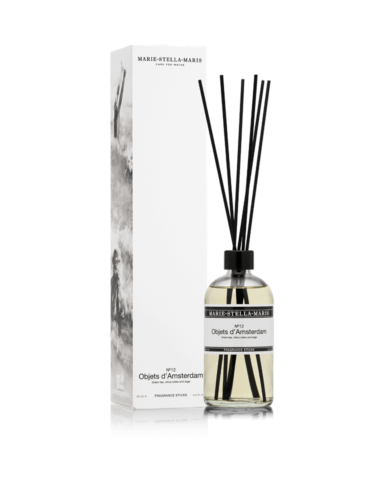 Marie-Stella-Maris No.12 Objets d'Amsterdam luxury fragrance diffuser sticks 250 ml with green tea, citrus, and sage scent in clear bottle and elegant packaging.