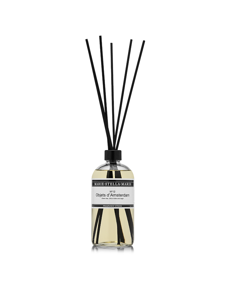 Marie-Stella-Maris No.12 Objets d'Amsterdam luxury diffuser sticks 500 ml in a clear glass bottle with black reeds, scent of green tea, citrus, and sage fragrance.