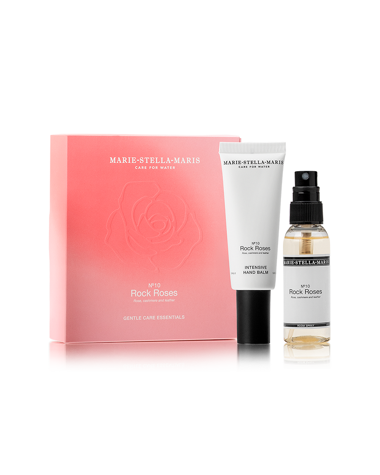 Marie-Stella-Maris No.10 Rock Roses limited edition Mother’s Day gift set, Gentle Care Essentials, including an intensive hand balm and room spray, presented with a pink branded box in a clean product packshot.