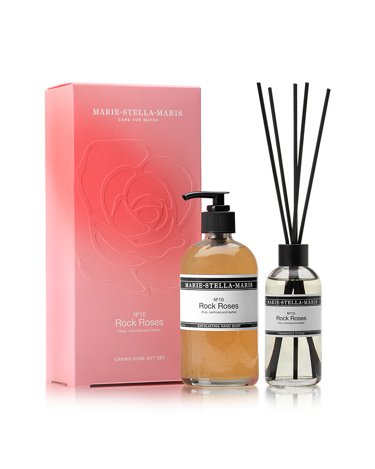 Marie-Stella-Maris No.10 Rock Roses limited edition Mother’s Day Caring Home gift set, featuring an exfoliating hand soap and fragrance sticks, presented with a pink branded box in a clean product packshot.