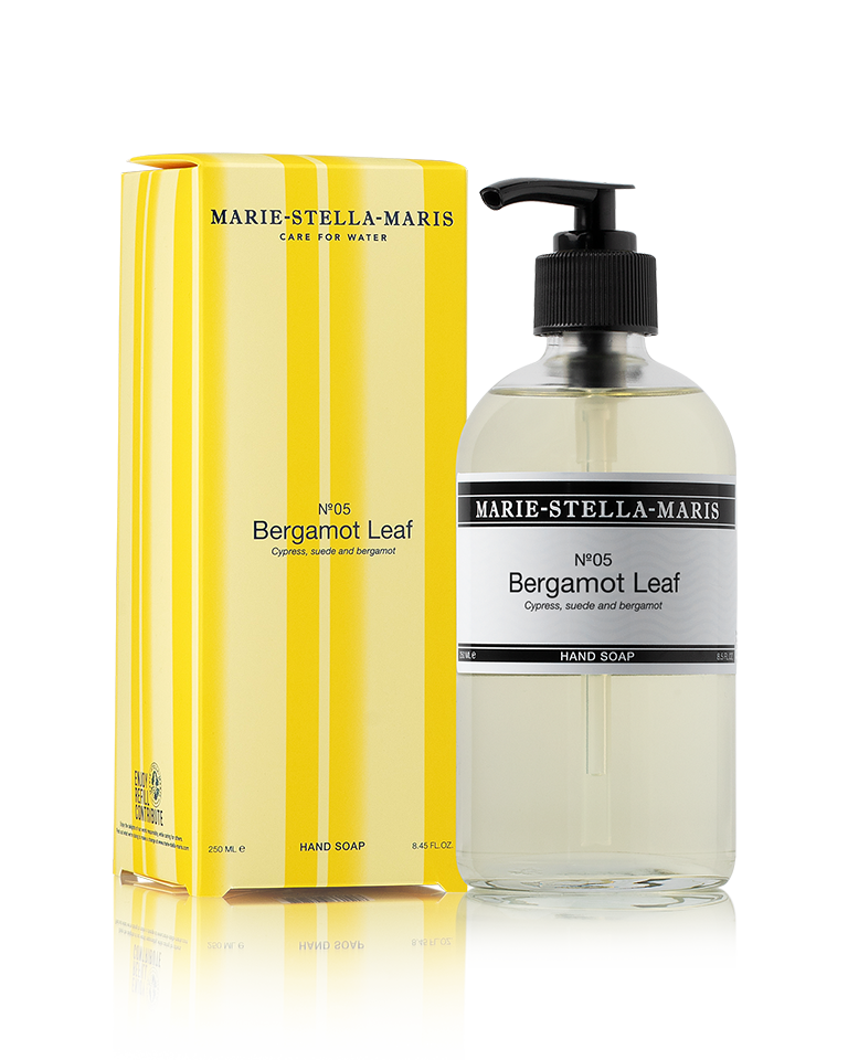 Marie-Stella-Maris No.05 Bergamot Leaf limited edition summer scent hand soap (250 ml) with matching yellow-striped packaging, shown as a clean product packshot highlighting fragrance notes of cypress, suede, and bergamot.