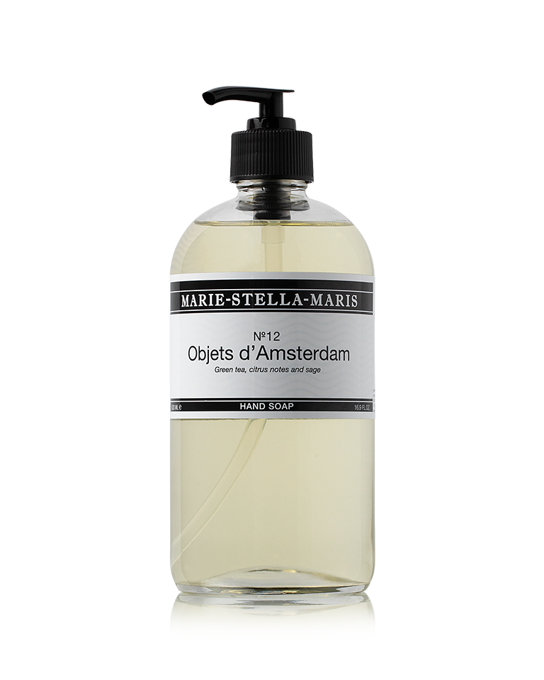 Marie-Stella-Maris No.12 Objets d'Amsterdam hand soap 500 ml in a clear bottle with black pump.