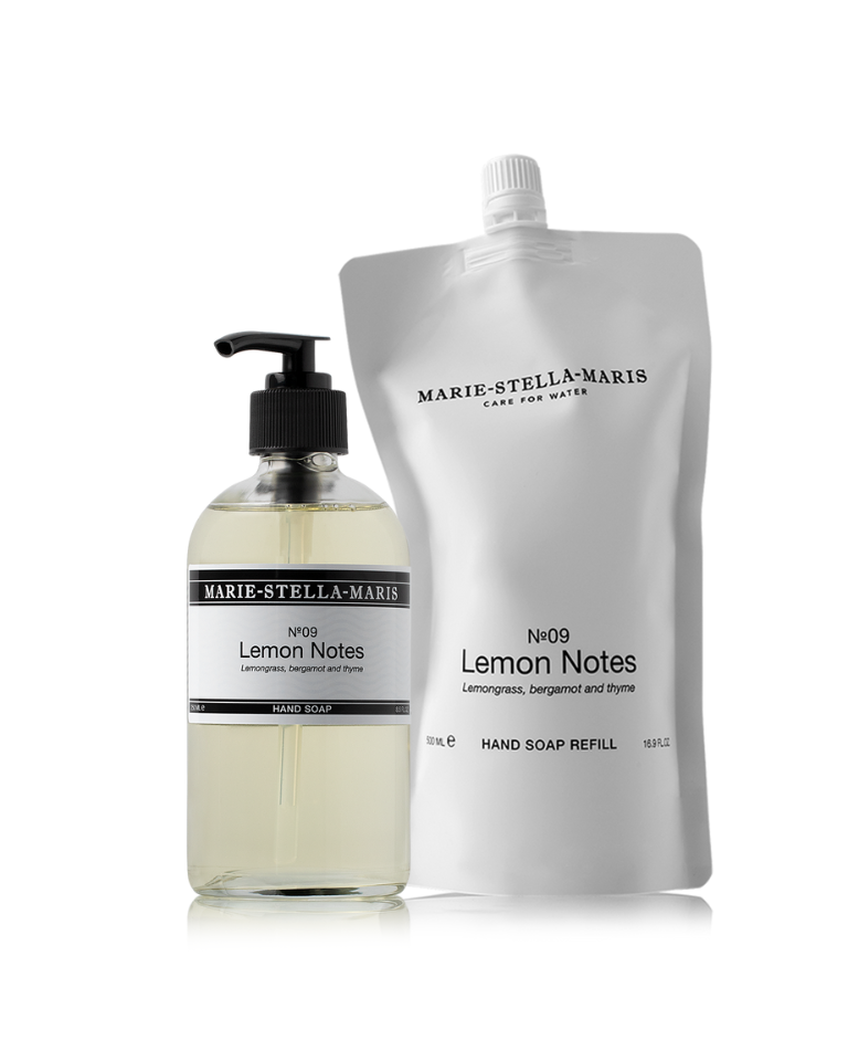 Marie-Stella-Maris No.09 Lemon Notes hand soap 250 ml with refill pouch on a light background.