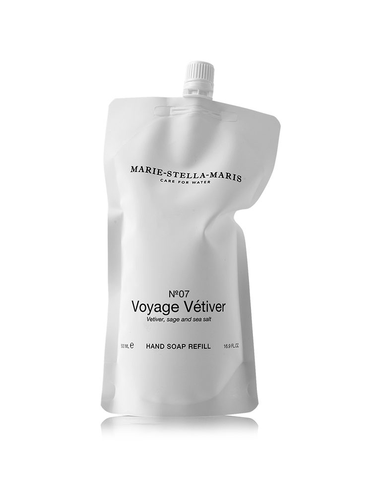 Marie-Stella-Maris No.07 Voyage Vétiver hand soap refill pouch on a white background.