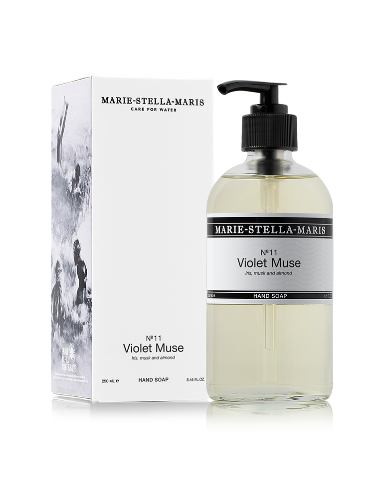 Marie-Stella-Maris Hand Soap No.11 Violet Muse 250 ml with matching packaging, featuring a transparent bottle with a black pump and notes of iris, musk and almond.