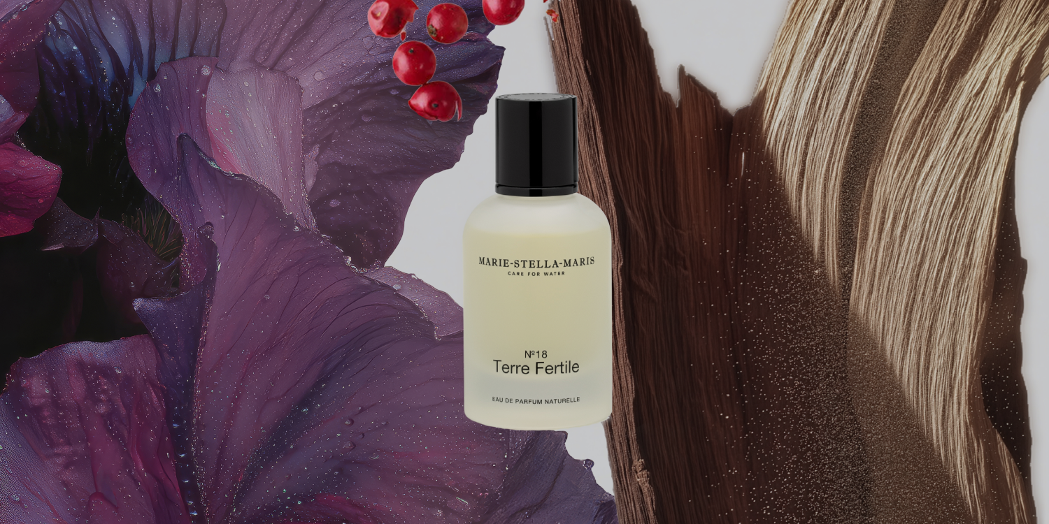 Marie-Stella-Maris terre fertile perfume with white background and scent notes.