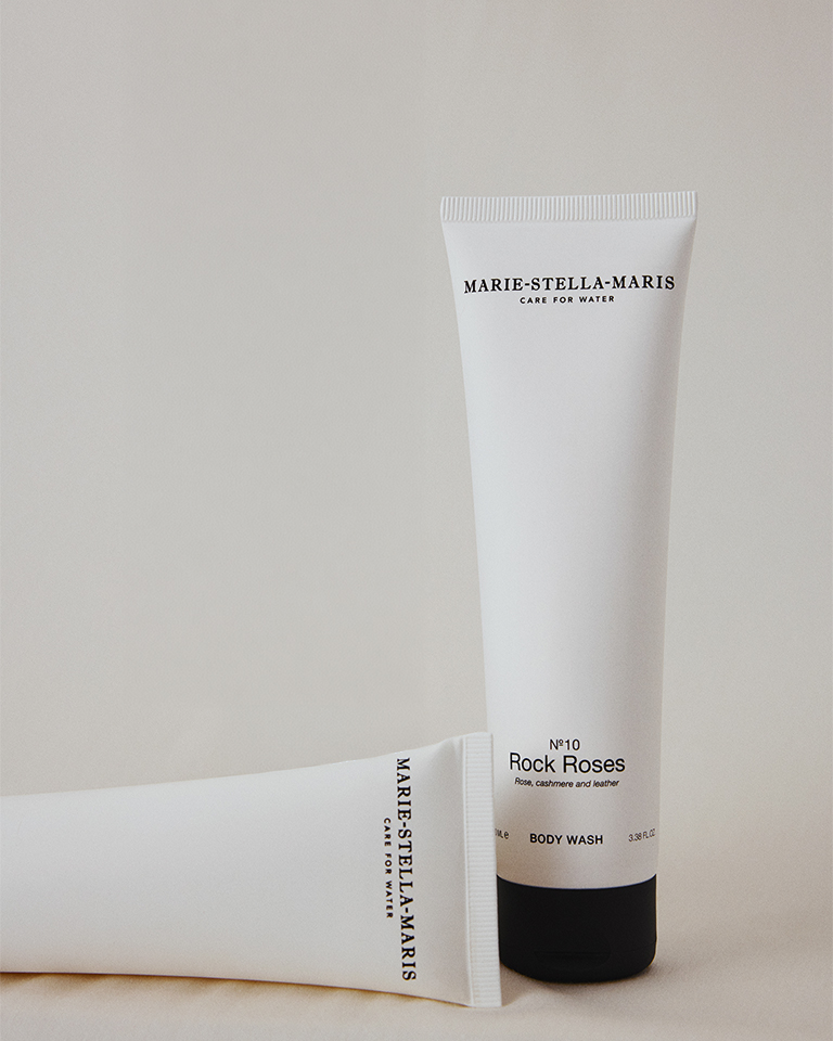 Marie-Stella-Maris Rock Roses body wash tubes with soft white background