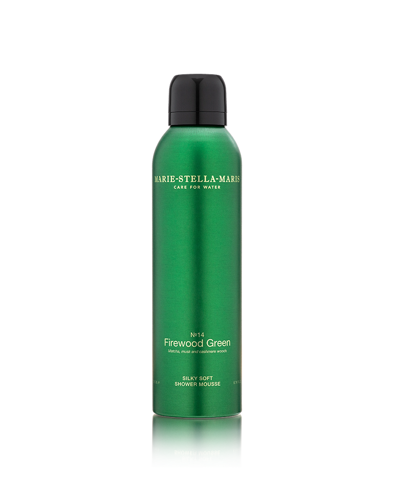 Marie-Stella-Maris No. 14 Firewood Green silky soft shower mousse in a metallic green bottle with a black cap.