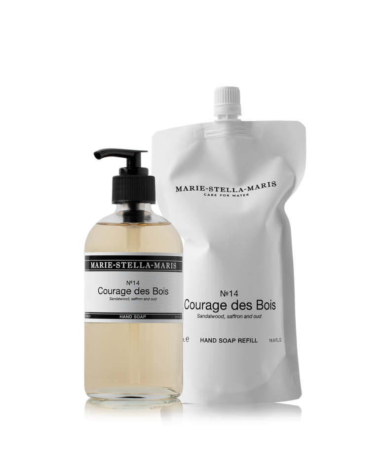 Marie-Stella-Maris Courage des Bois hand soap bottle with a 500 ml refill pouch, sandalwood scent