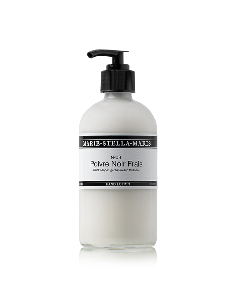 Bottle of Marie-Stella-Maris Poivre Noir Frais hand lotion with natural ingredients for soft, hydrated skin, 250ml.