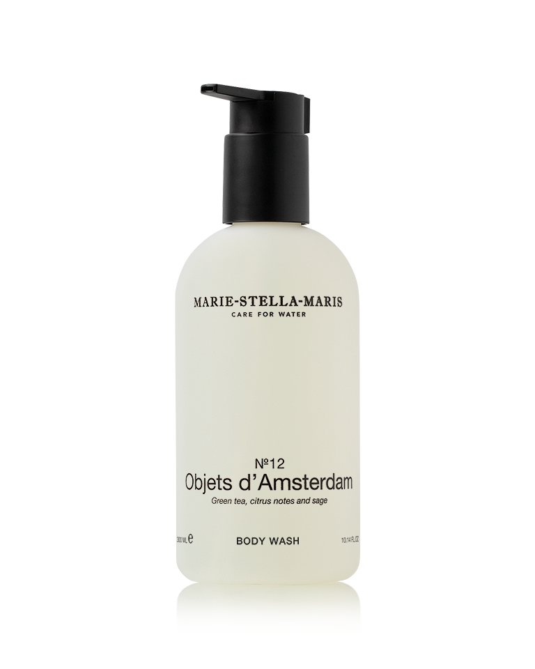 Marie-Stella-Maris Body Wash No.12 Objets d'Amsterdam 300 ml in a minimalist white bottle with black pump, scent of green tea, citrus, and sage fragrance.