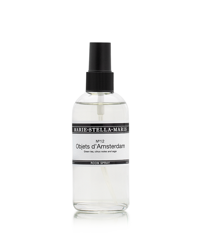 Marie-Stella-Maris Objets d'Amsterdam room spray 100 ml in a clear bottle with black spray cap on a white background.
