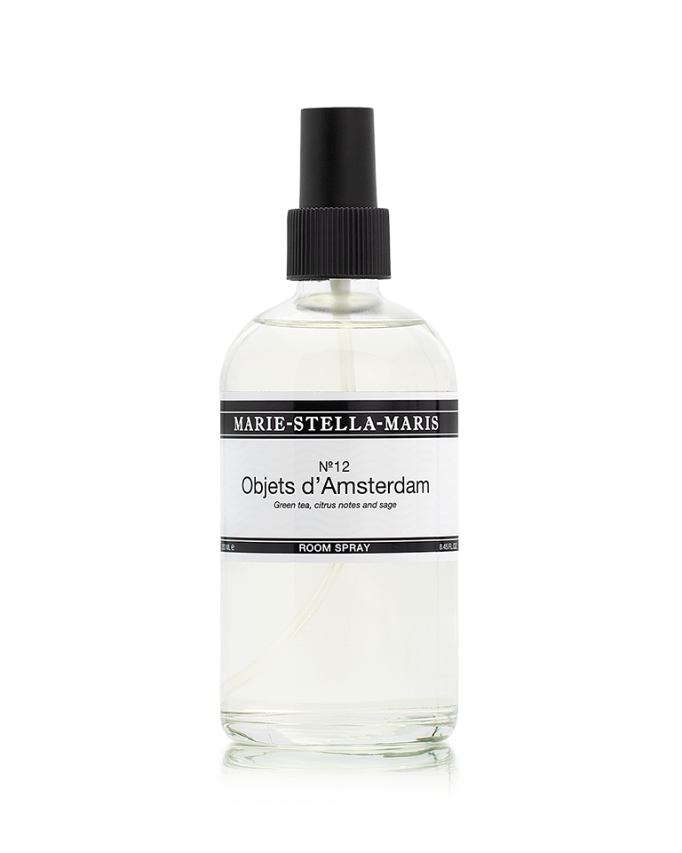 Marie-Stella-Maris No.12 Objets d'Amsterdam room spray 250 ml in a clear bottle with black spray cap on a white background.